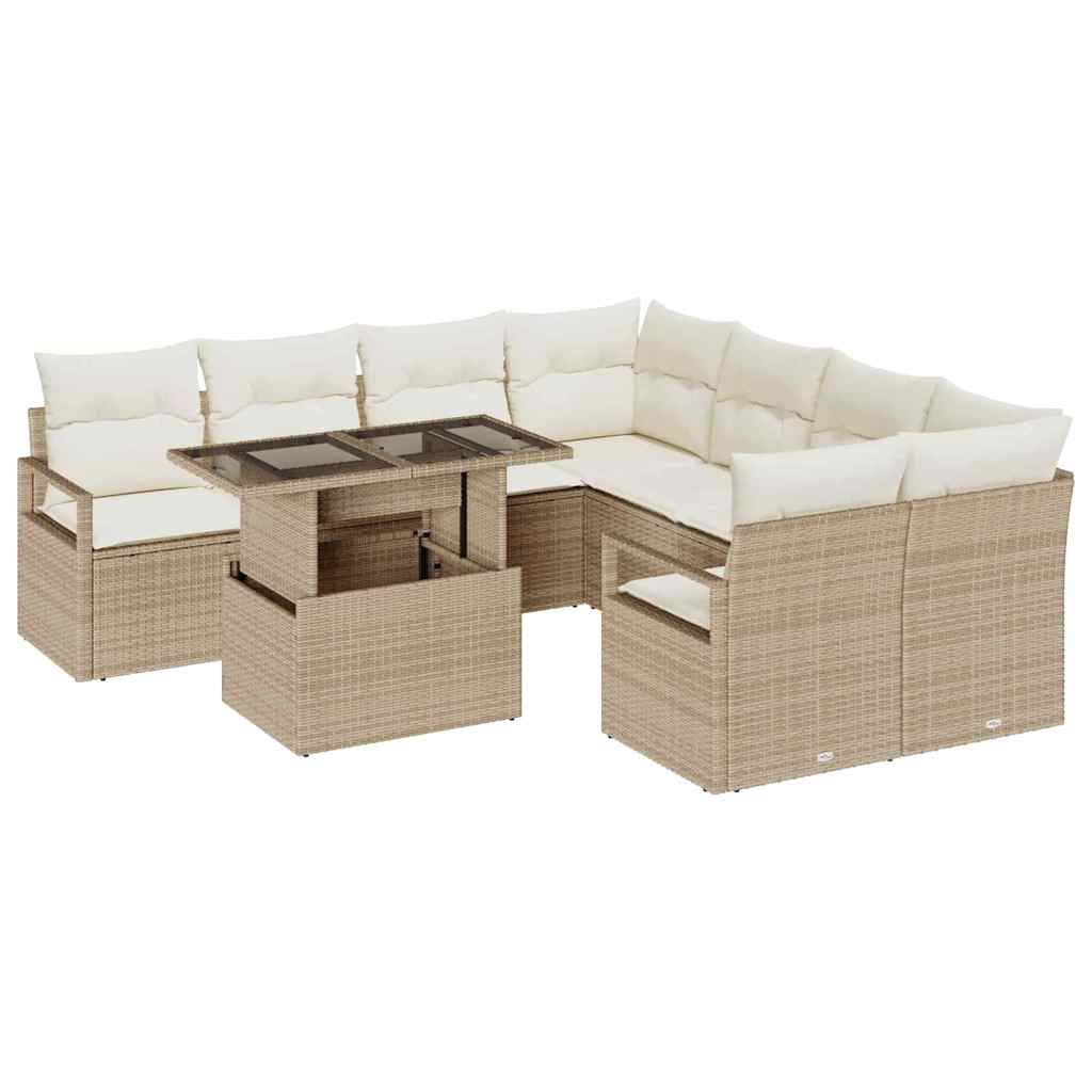 Garten-Sofa-Set mit Speicher 9 pcs Beige Poly Rattan